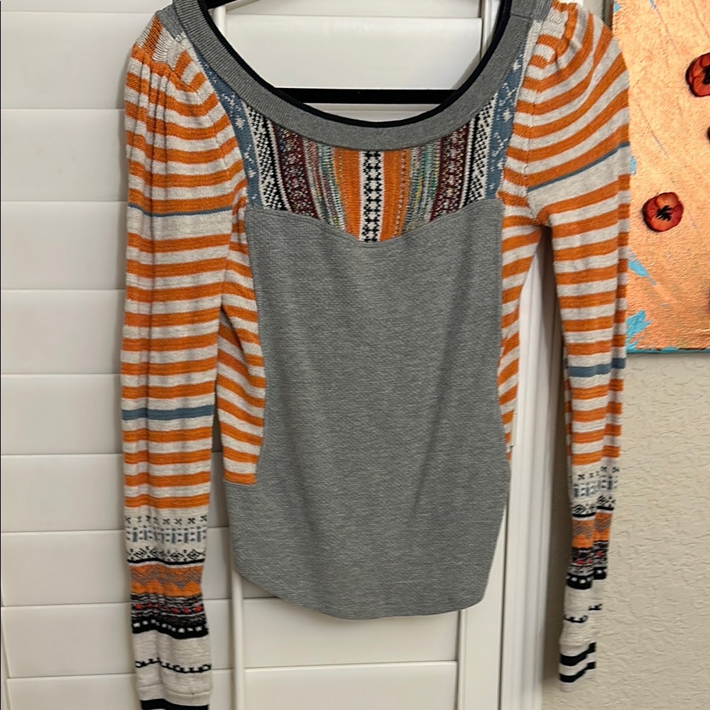 Free People Multicolored Cuffed Sleeve Long Sleeve Blouse